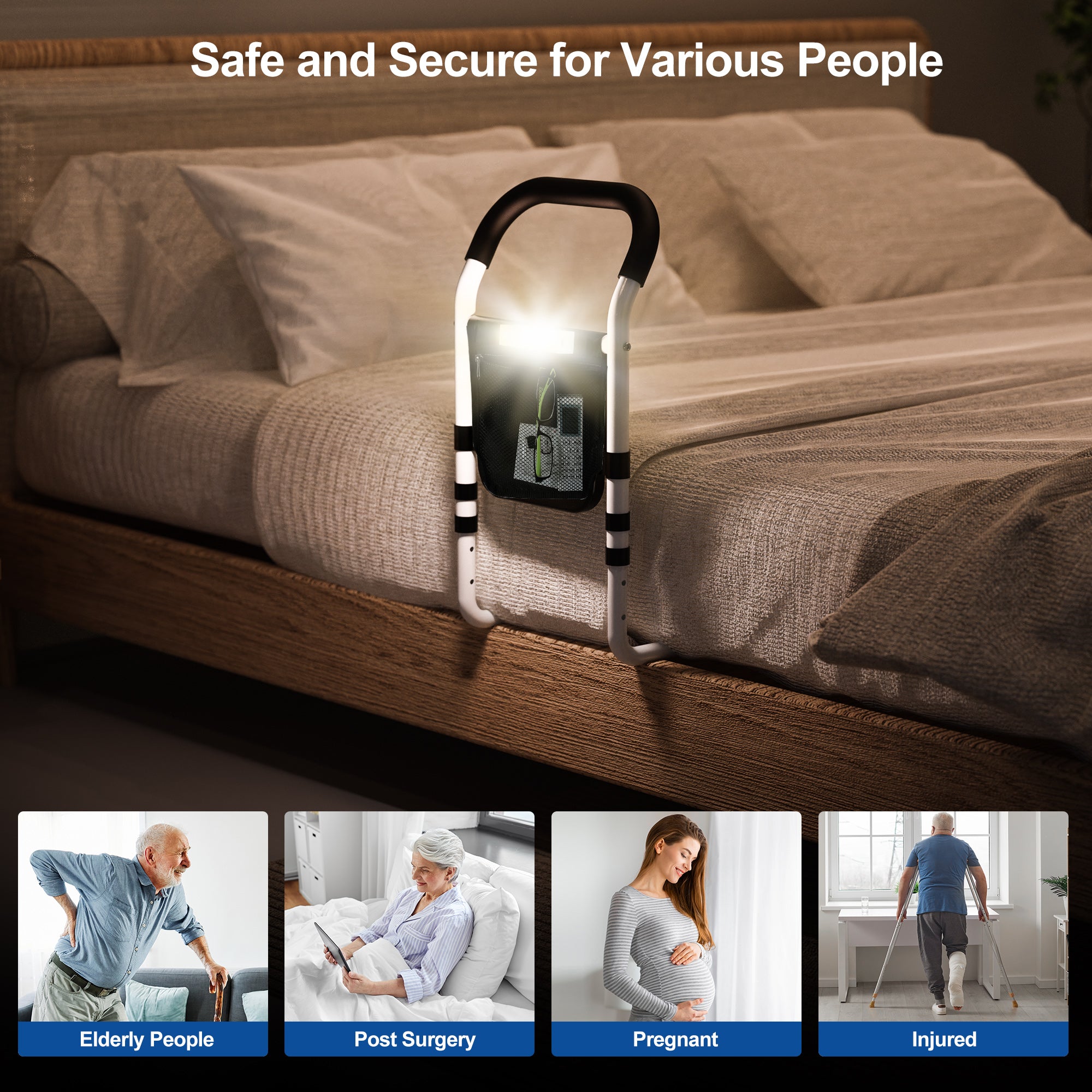 KEKOY Bed Rails for Elderly Adults, Adjustable Assist Beds Rail for Senior with Storage Bag & Light, Bed Support Steel Bar Mobility Assistant, Fix All Beds Frame