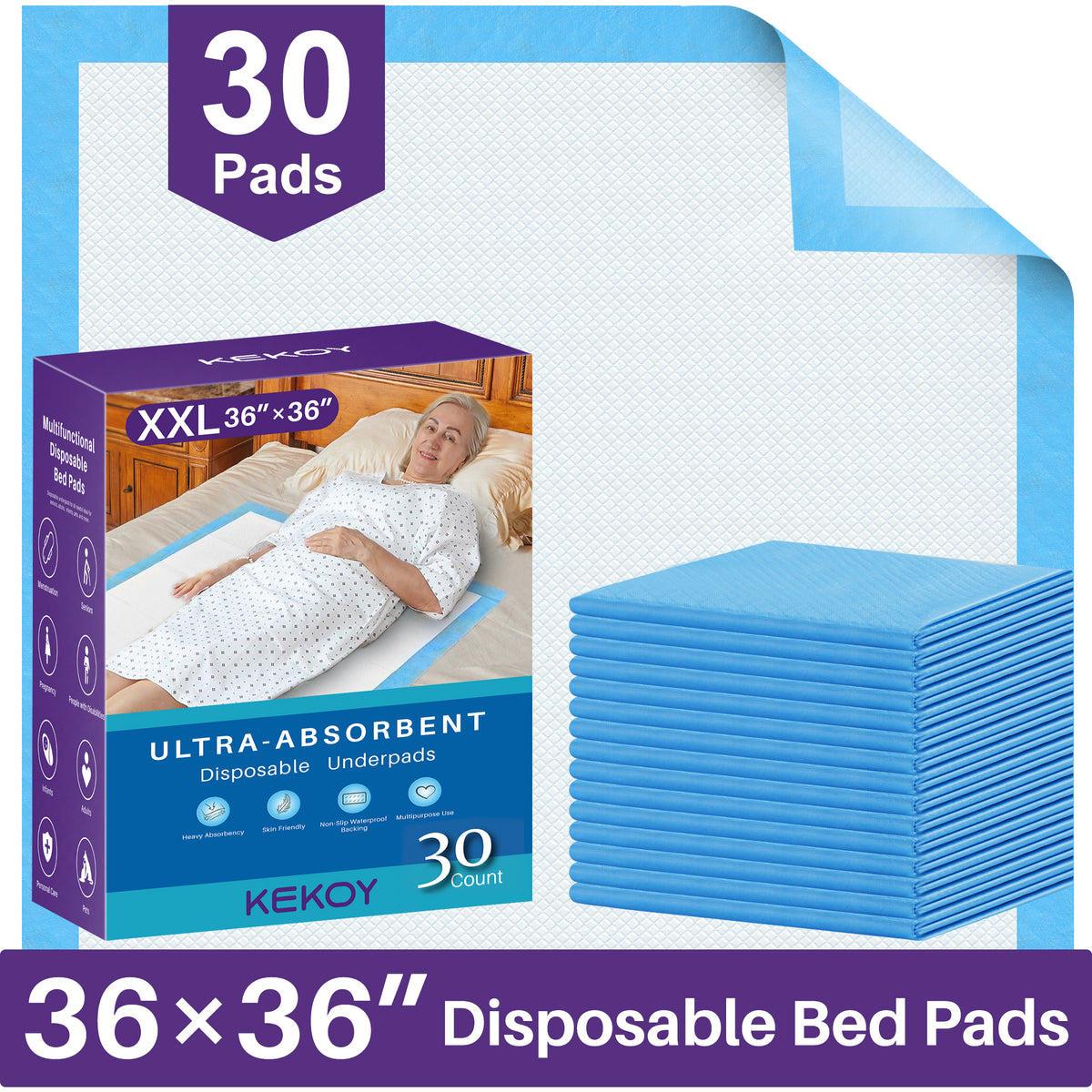 KEKOY Disposable Underpads, Bed Pads Disposable 36 x 36, 6 Layers Waterproof Bed Mats,Anti Slip Backing, Leakproof Quick Drying, XXL, 30 Count