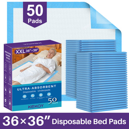 KEKOY Bed Pads for Incontinence Disposable 3 Times Super Absorbent, 36x36" 50 Count, Anti-Slip Backing, Extra Large Waterproof Underpads, Pee Pads for Adults, Dogs, Seniors