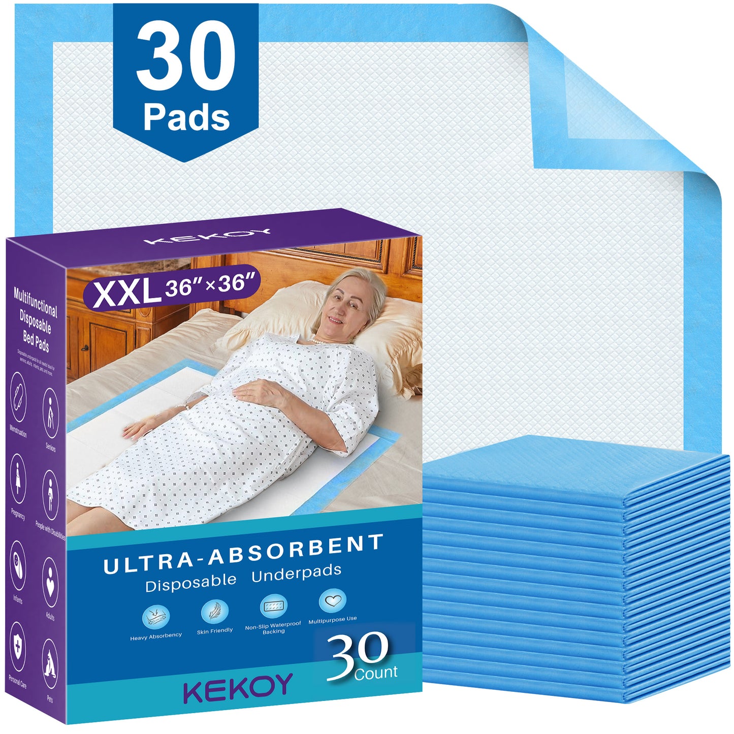 KEKOY Disposable Underpads, Bed Pads Disposable 36 x 36, 6 Layers Waterproof Bed Mats,Anti Slip Backing, Leakproof Quick Drying, XXL, 30 Count
