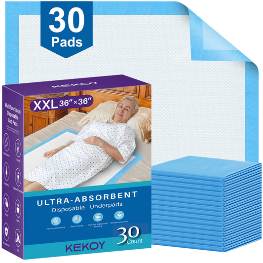 KEKOY Disposable Underpads, Bed Pads Disposable 36 x 36, 6 Layers Waterproof Bed Mats,Anti Slip Backing, Leakproof Quick Drying, XXL, 30 Count