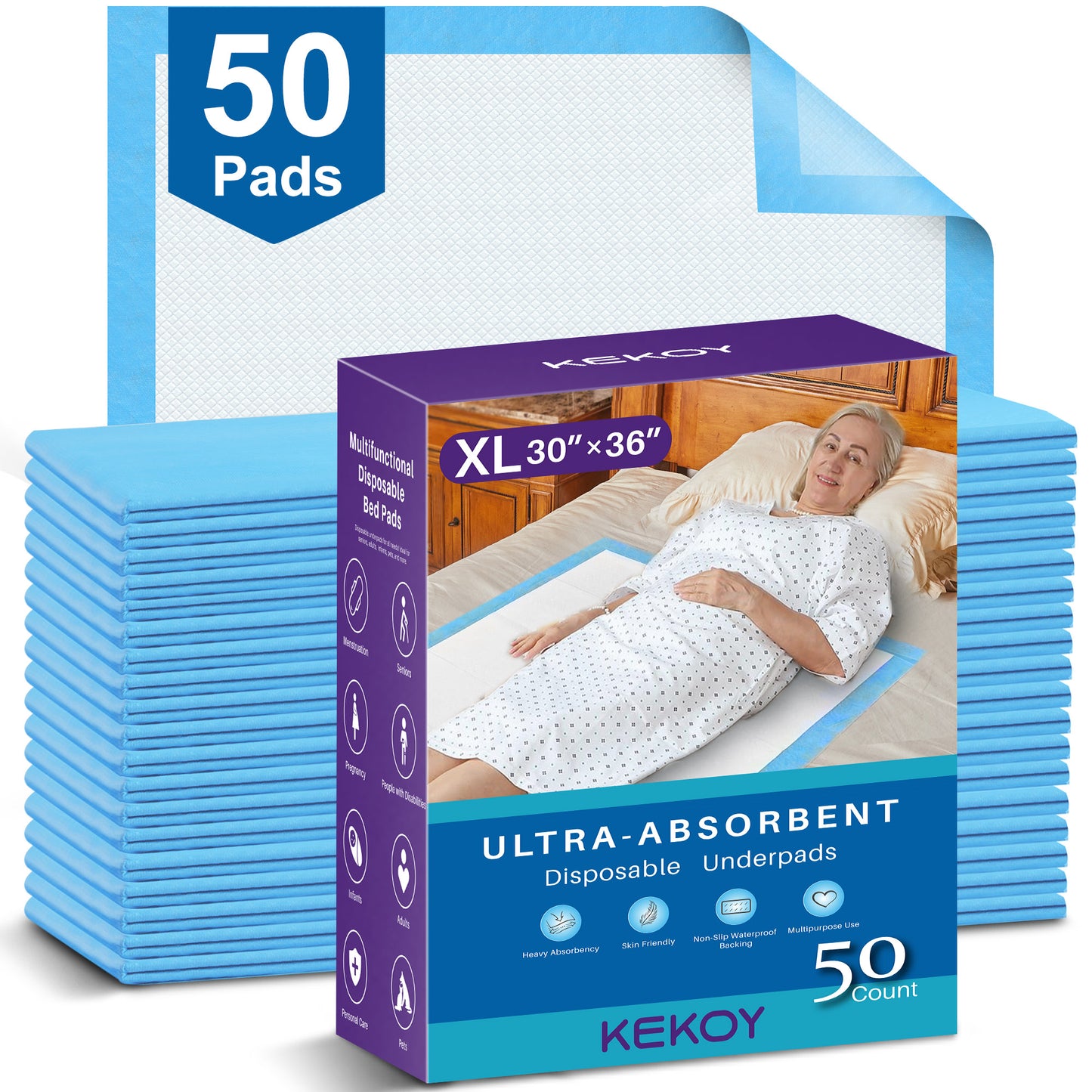 KEKOY 50 Count 30" x 36" Bed Pads for Incontinence Disposable, 3 Times Super Absorbent Disposable Underpads, Anti Slip Backing, Waterproof Pee Pads for Adults, Pets