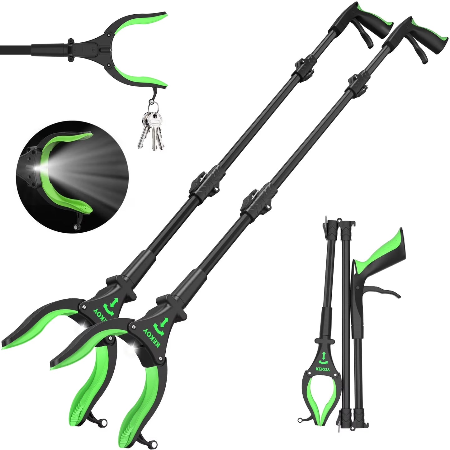 KEKOY 2-Pack 32" Foldable Reacher Grabber Tool with Light and Magnet, 360° Rotating Head, Trash Picker Grabber, Reaching Assist Tool for Litter Pick up, Claw Grabbers for Elderly, Arm Extension