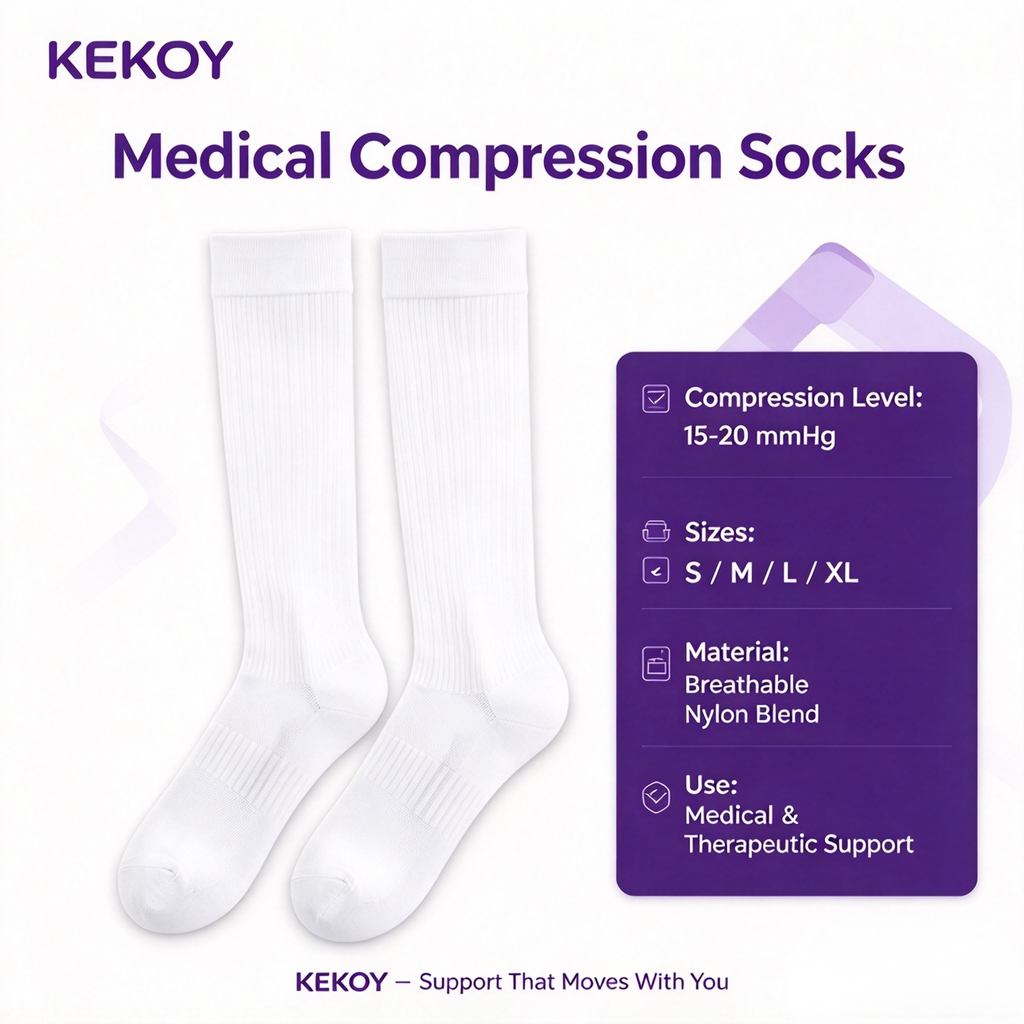 KEKOY Compression Socks for Medical or Therapeutic Use, 15-20mmHg Graduated Pressure Stockings, Breathable Leg Support Socks for Fatigue Relief, Circulation Recovery, Nursing and Travel
