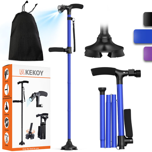 KEKOY Folding Walking Cane for Seniors Men Women with Light and Quad Base Blue