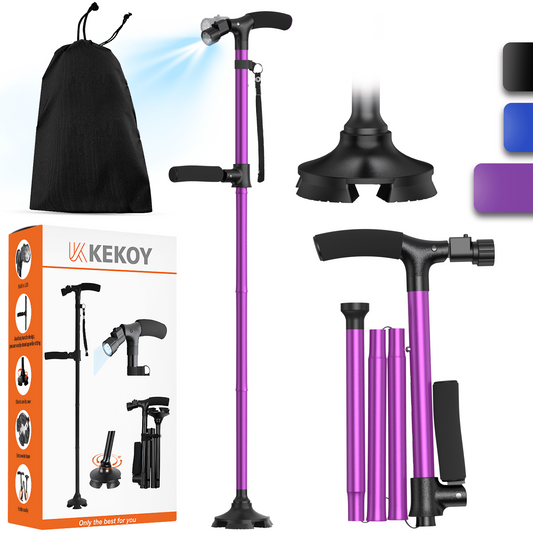 KEKOY Folding Walking Cane for Seniors Men Women with Light and Quad Base Purple