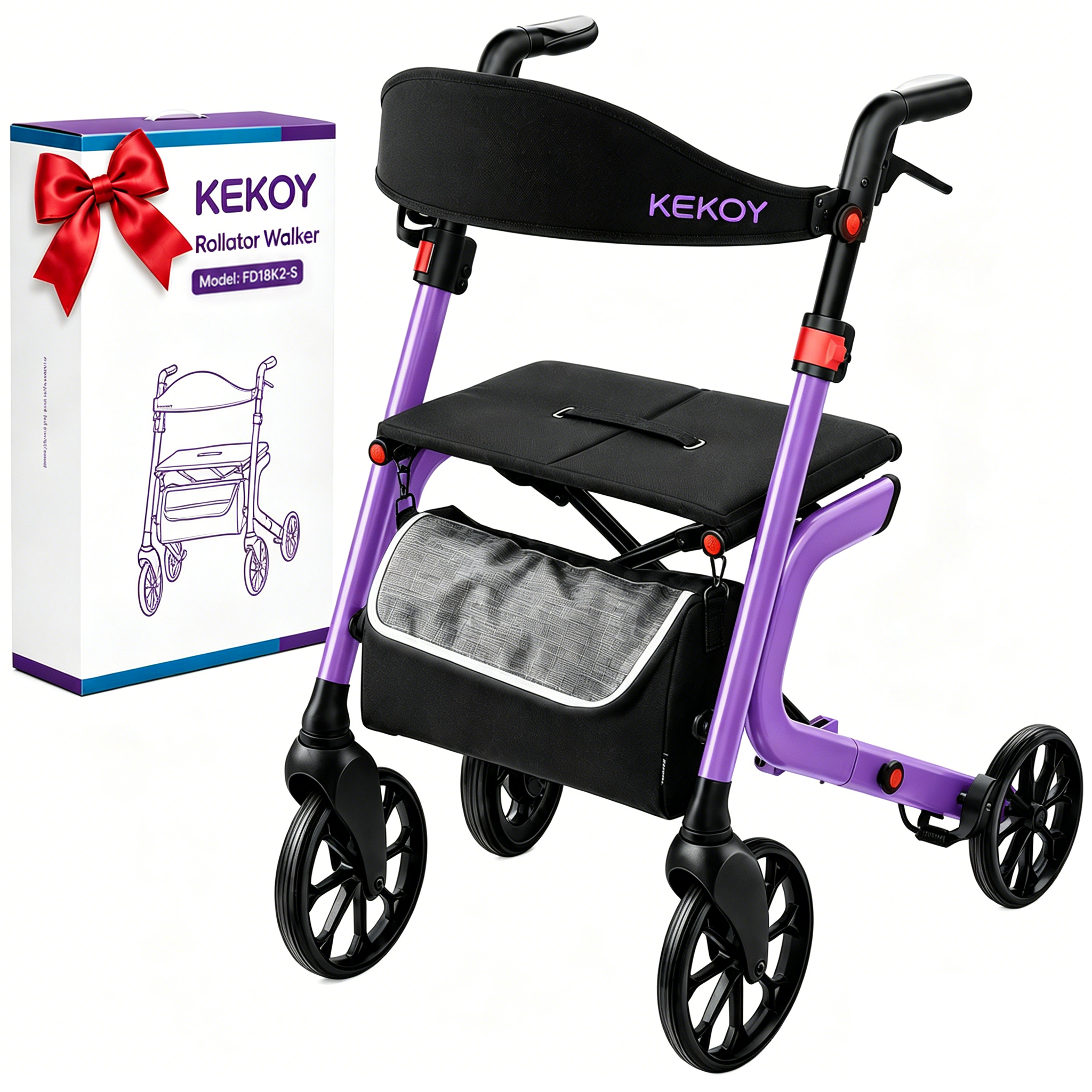 KEKOY Rollator Walker with Seat for Seniors, Walkers for Seniors with Seat, 400 lbs, K-Frame Reinforced, Hidden Brake Cables, 10" TPR All-Terrain Wheels, 8-Level Adjustable Height, Foldable, Purple