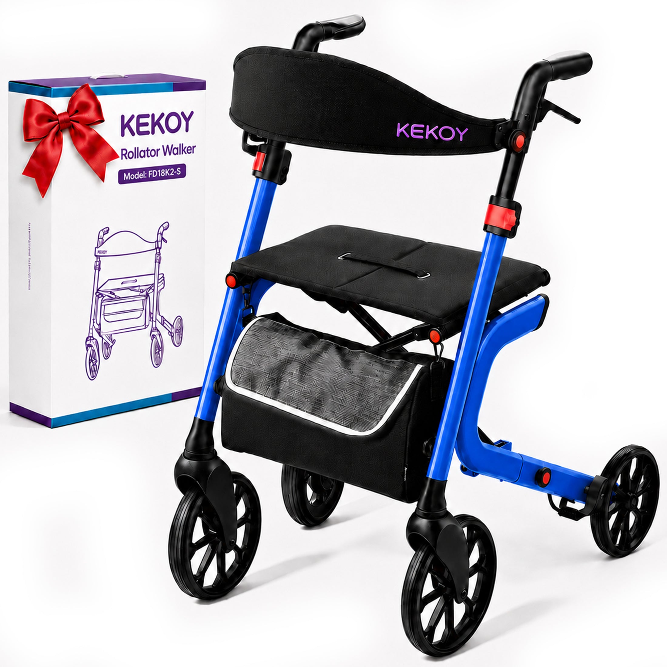 KEKOY Rollator Walker with Seat for Seniors, Walkers for Seniors with Seat, 400 lbs, K-Frame Reinforced, Hidden Brake Cables, 10" TPR All-Terrain Wheels, 8-Level Adjustable Height, Foldable, Blue