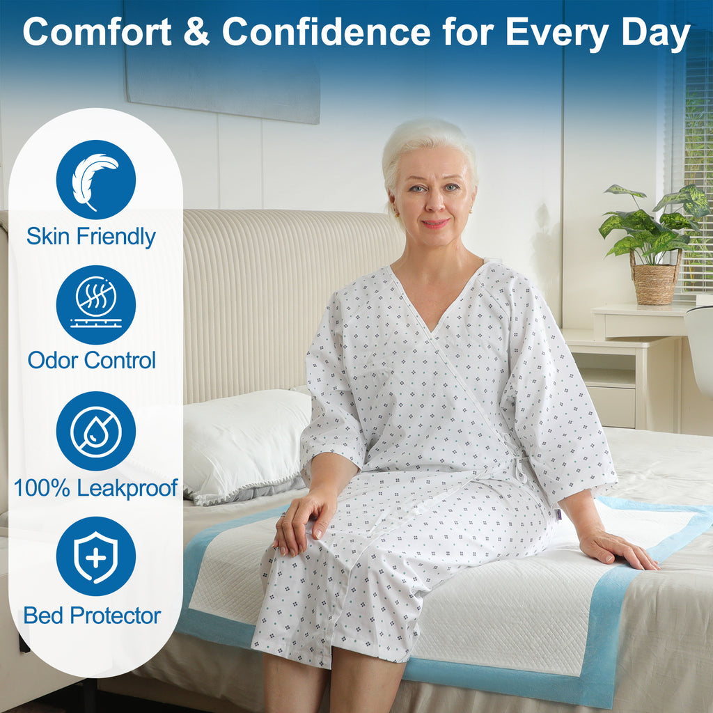 Woman in a hospital gown sitting on a bed with kekoy disposable pad