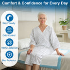 Woman in a hospital gown sitting on a bed with kekoy disposable pad