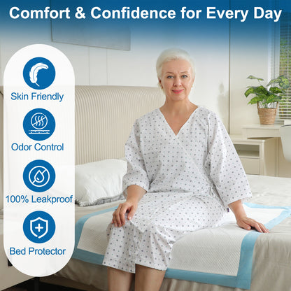 Woman in a hospital gown sitting on a bed with kekoy disposable pad