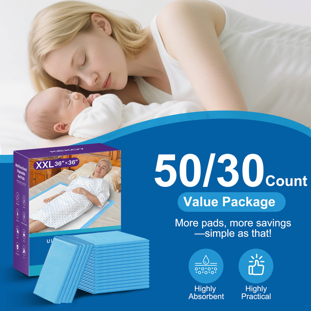 Woman lying with a baby, product packaging about pads on a blue background