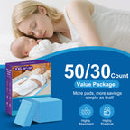 Woman lying with a baby, product packaging about pads on a blue background