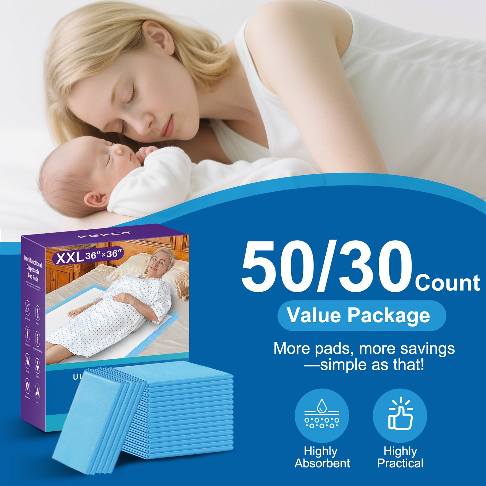 Woman lying with a baby, product packaging about pads on a blue background