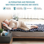 Woman lying on kekoy alternating air pressure mattress in a bedroom setting