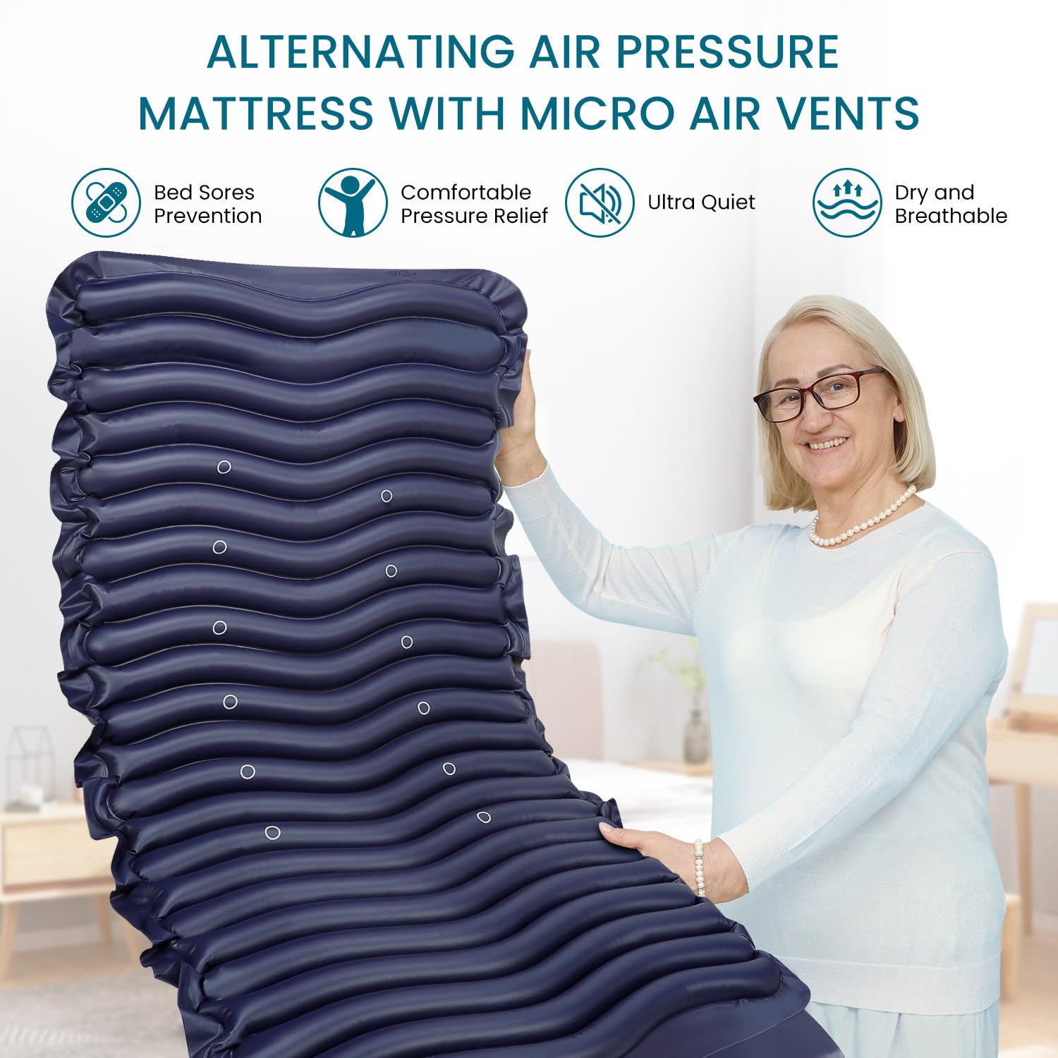 Woman holding kekoy alternating air pressure mattress with micro air vents