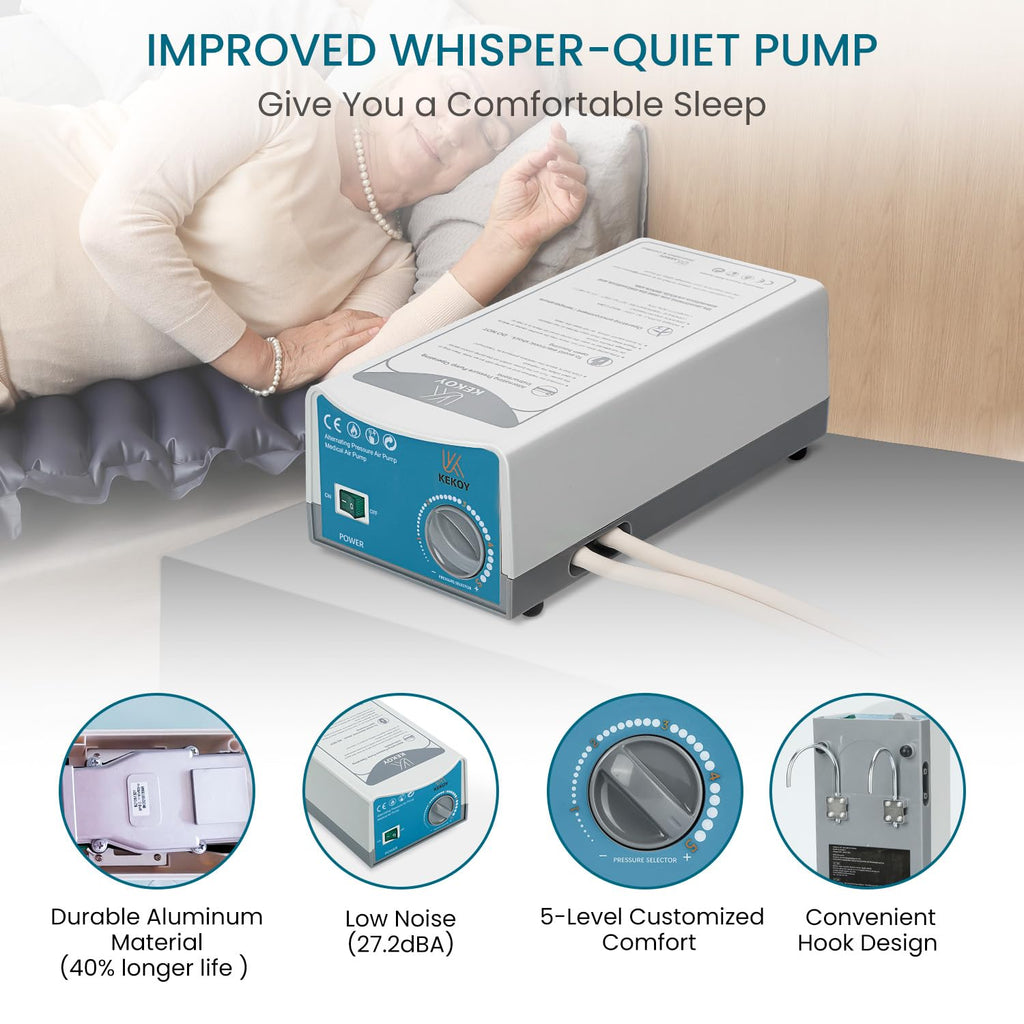Improved whisper-quiet pump with features highlighted on a white surface.