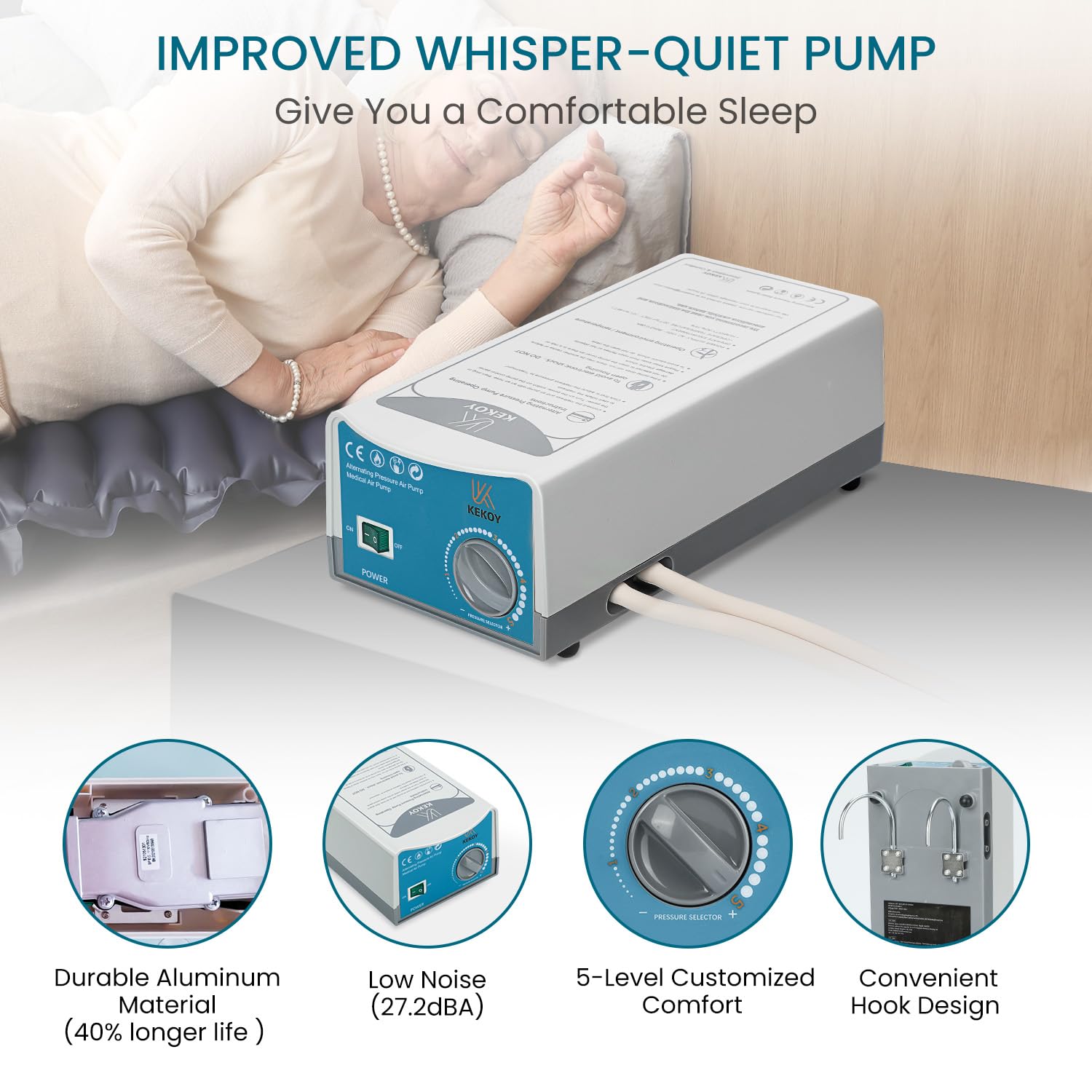 Improved whisper-quiet pump with features highlighted on a white surface.
