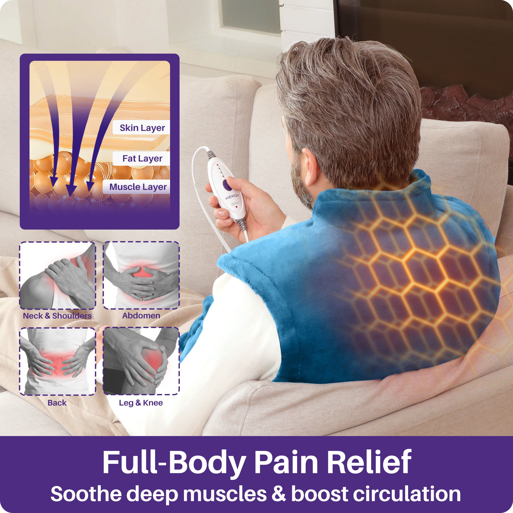 KEKOY Heating Pad for Back and Shoulder Pain Relief, Extra Large Electric Heat Pad 24"x37", Fast Heating for Neck , Auto Shut-off & Machine Washable, Blue