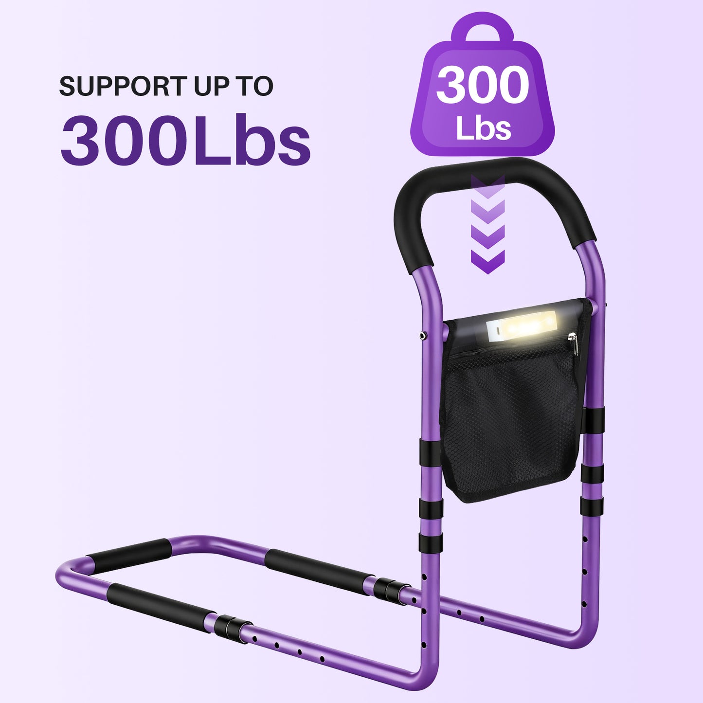 KEKOY Bed Rails for Elderly Adults, Beds Rail for Senior with Light & Storage Bag, Adjustable Safety Bedside Railing Support Steel Bar Mobility Assistant