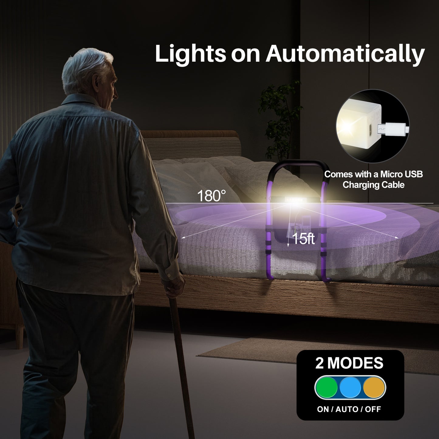 KEKOY Bed Rails for Elderly Adults, Beds Rail for Senior with Light & Storage Bag, Adjustable Safety Bedside Railing Support Steel Bar Mobility Assistant