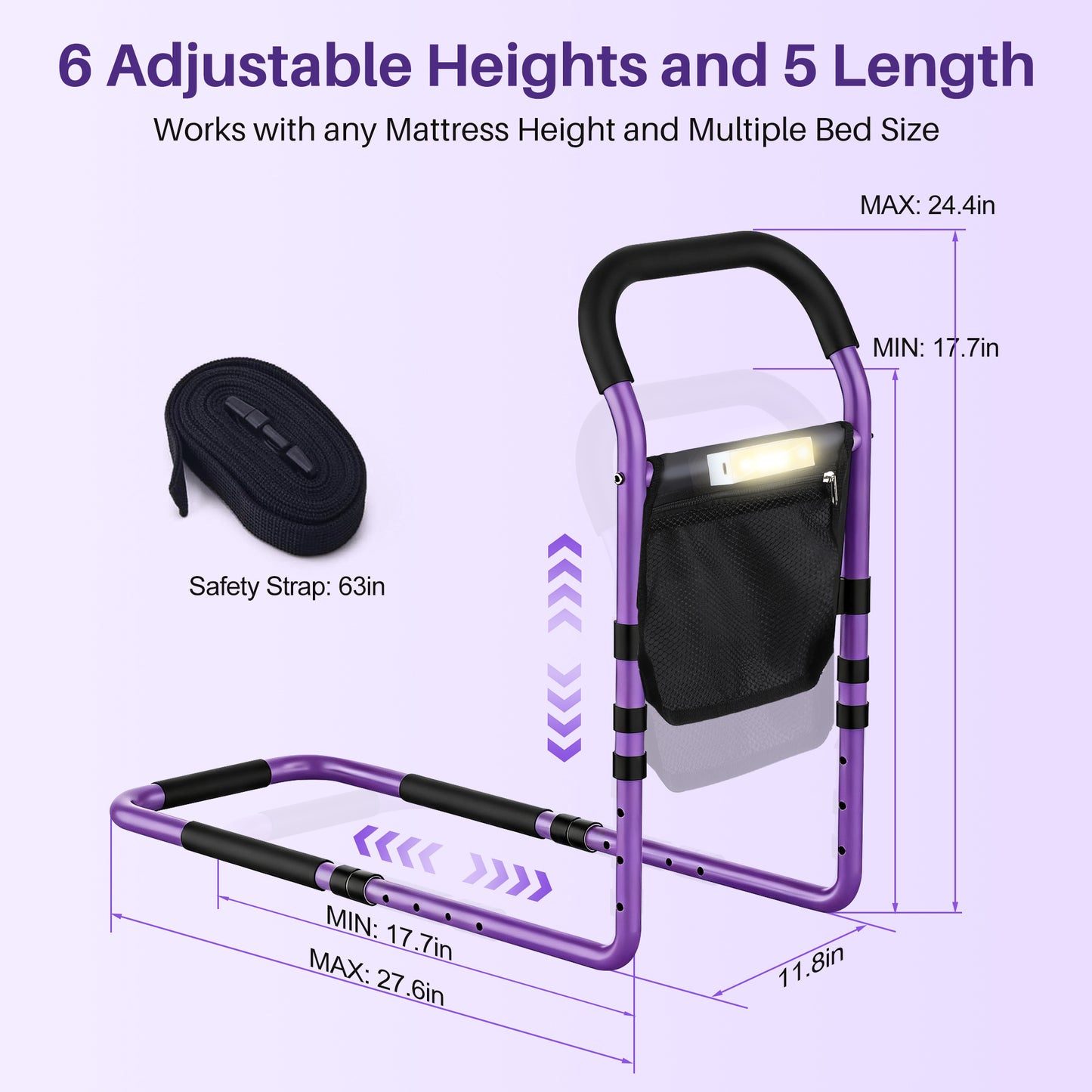 KEKOY Bed Rails for Elderly Adults, Beds Rail for Senior with Light & Storage Bag, Adjustable Safety Bedside Railing Support Steel Bar Mobility Assistant