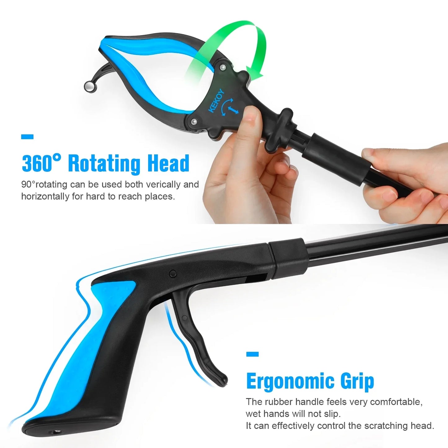 KEKOY 32" Foldable Reacher Grabber Tool with Light, Extra Long Trash Claw Grabber, FSA/HSA Eligible Reaching Aid Tool for Trash Pick up, Blue