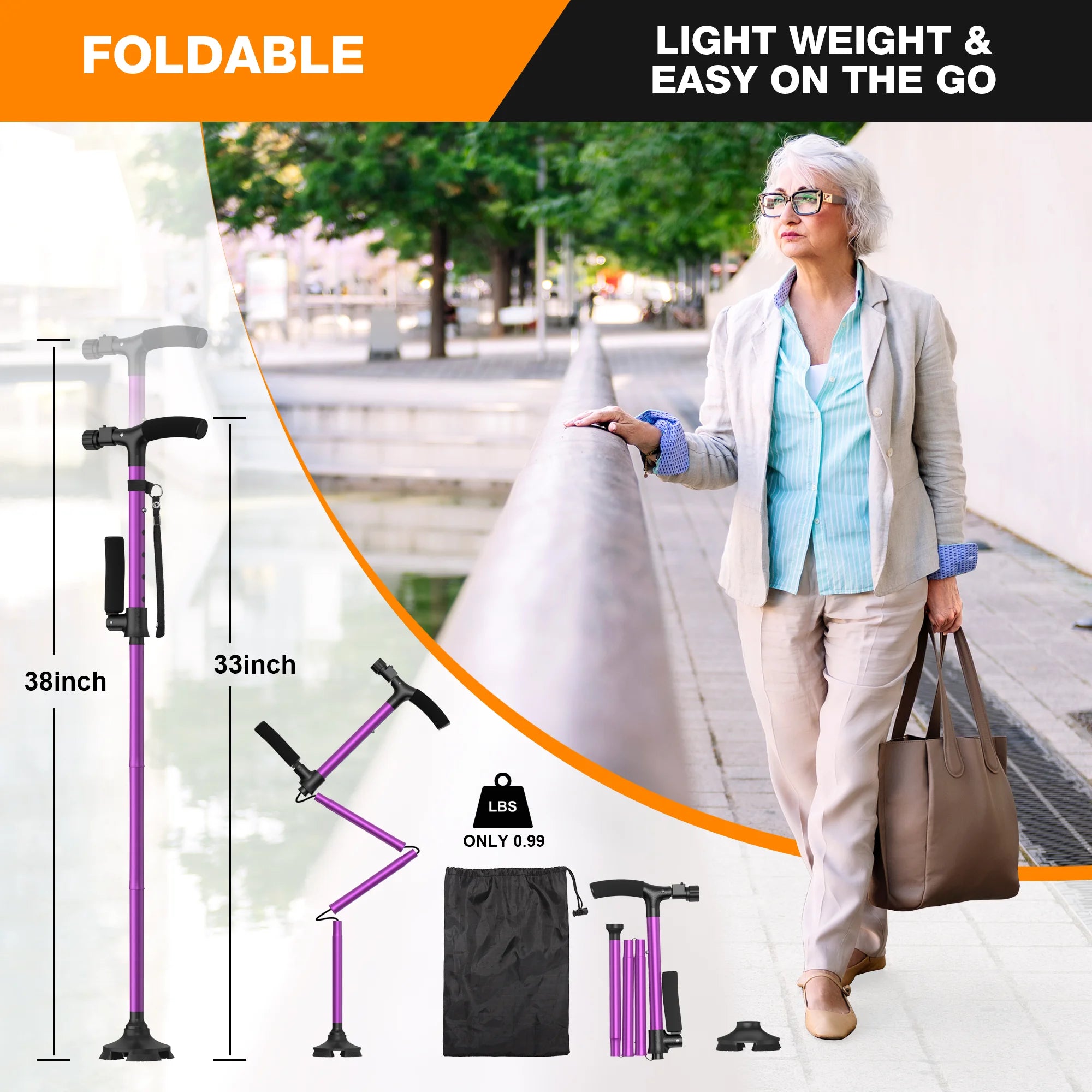 KEKOY Folding Walking Cane for Seniors Men Women with Light and Quad Base Purple