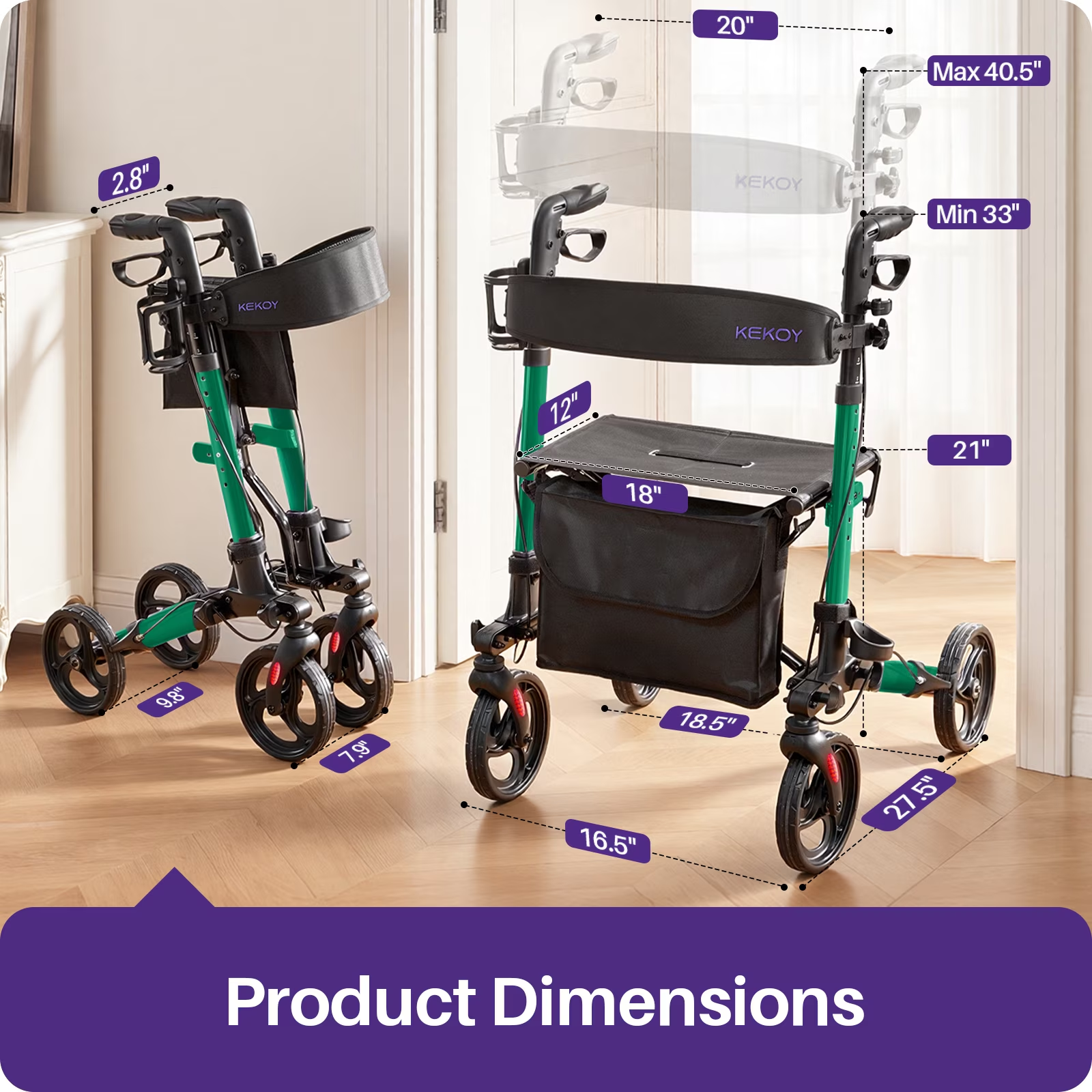 KEKOY Walkers for Seniors Foldable Mobility Rollator with Seat 350 lb, Adjustable Handles and Backrest Height, Adult Aluminum Rolling Walker, 8" Big Wheels, Green