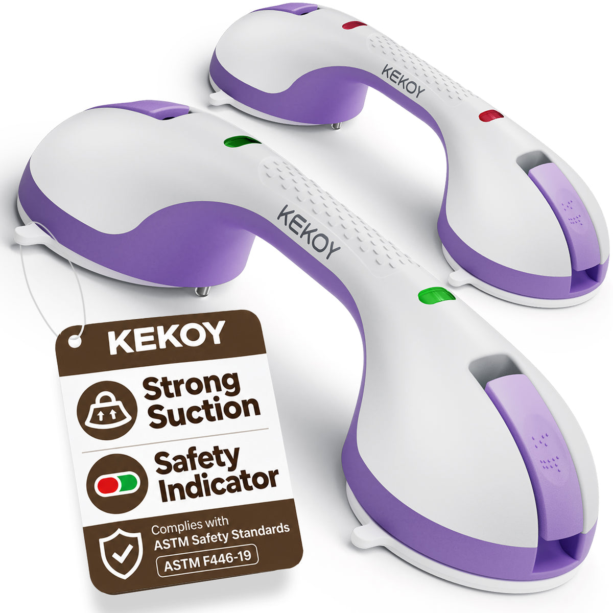KEKOY 2 Pack Shower Handles for Elderly with Safety Indicators, 12" Grab Bars for Bathroom Stronger Suction Cup, Heavy Duty Shower Bars, Bathroom Safety Bars for Seniors