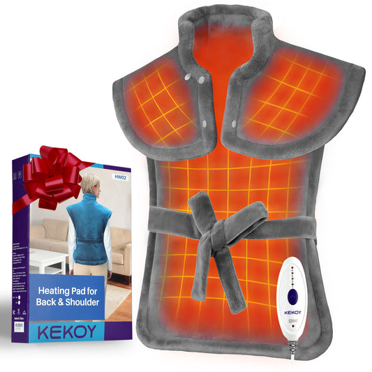 KEKOY Heating Pad for Back, Neck & Shoulders Pain Relief, Wearable Electric Heat Pad with Detachable Belt, 4 Heat Settings, 2-Hour Auto Shut-Off, Fast Heating, 24"x33", Gray