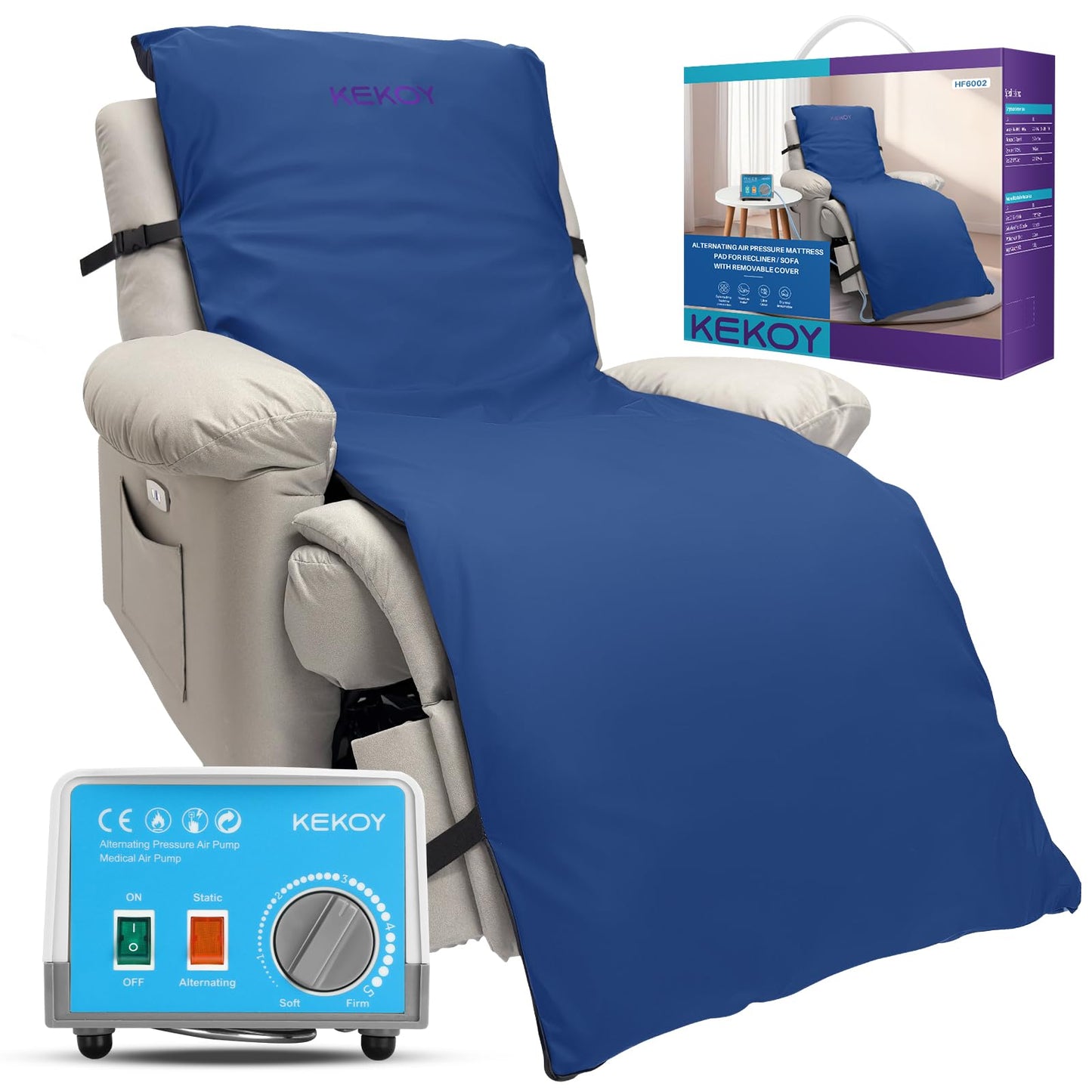 Kekoy Alternating Air Pressure Pad for Recliner Chair, Upgraded Anti-Slip Base, Pressure Relief Cushion & Bedsore Prevention for Elderly, Quiet Pump, Waterproof Cover for Home Hospital