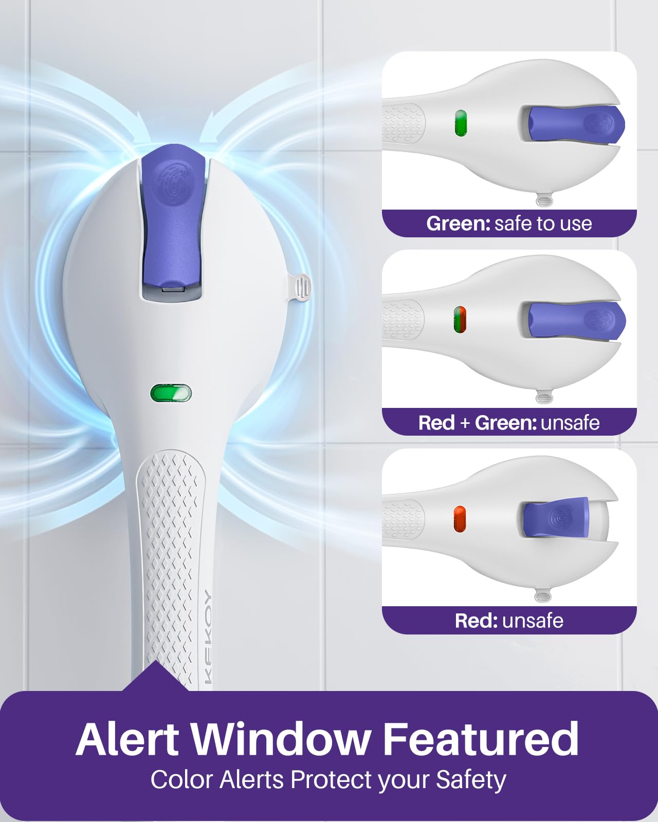 KEKOY 17.5 Inch Suction Grab Bars for Bathtubs and Showers with Indicator - Heavy Duty Safety Shower Handle for Seniors and Elderly, Handicap Bars for Bathroom, No Drilling and Removable, Purple