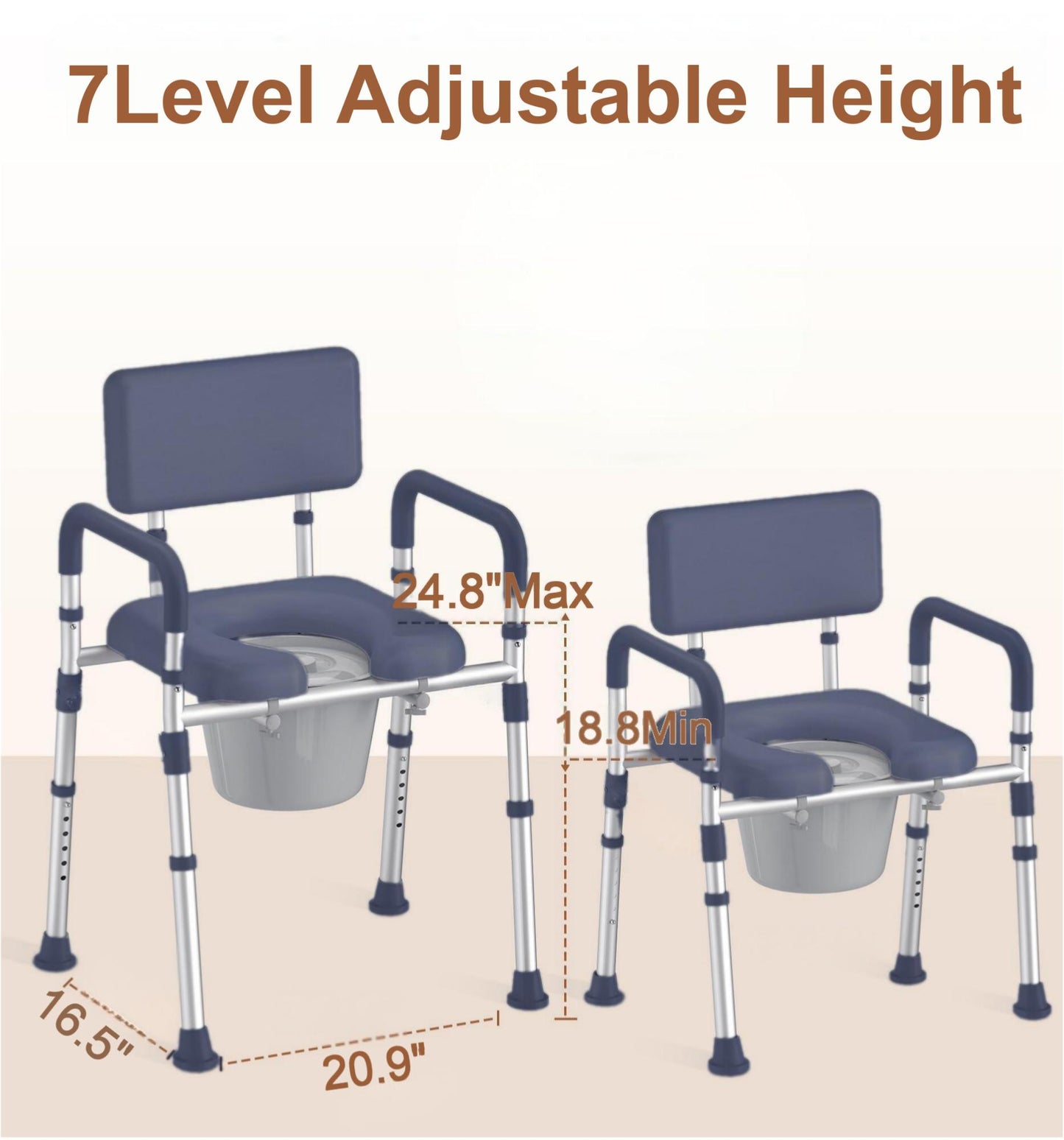 KEKOY Bedside Commode Chair with Padded Seat and Backrest, Aluminum Dual-Crossbar, Height Adjustable, Portable Toilet for Seniors and Adults, Potty Bucket and Splash Guard, 400 lbs Weight Capacity
