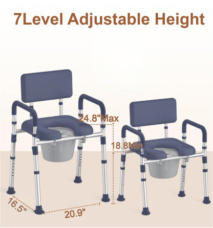 KEKOY Bedside Commode Chair with Padded Seat and Backrest, Aluminum Dual-Crossbar, Height Adjustable, Portable Toilet for Seniors and Adults, Potty Bucket and Splash Guard, 400 lbs Weight Capacity