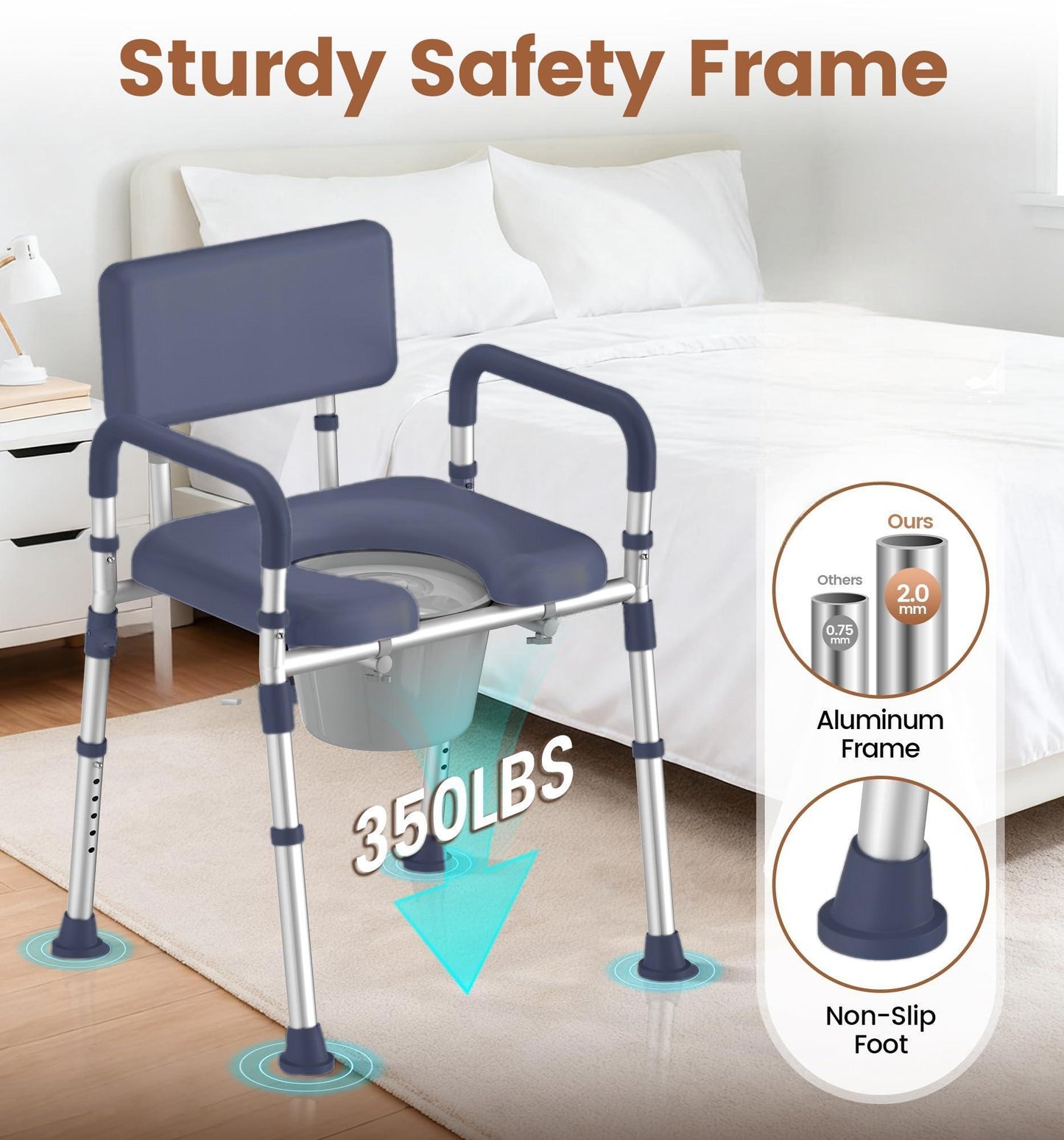 KEKOY Bedside Commode Chair with Padded Seat and Backrest, Aluminum Dual-Crossbar, Height Adjustable, Portable Toilet for Seniors and Adults, Potty Bucket and Splash Guard, 400 lbs Weight Capacity