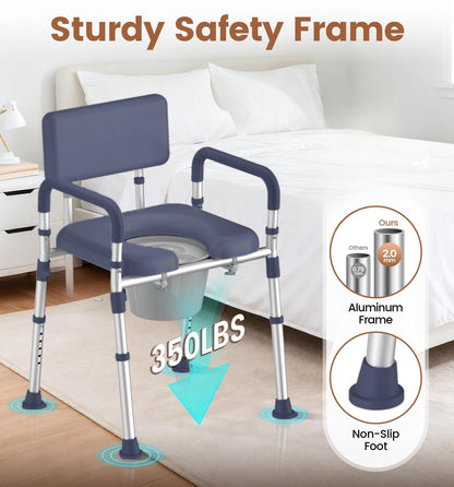 KEKOY Bedside Commode Chair with Padded Seat and Backrest, Aluminum Dual-Crossbar, Height Adjustable, Portable Toilet for Seniors and Adults, Potty Bucket and Splash Guard, 400 lbs Weight Capacity