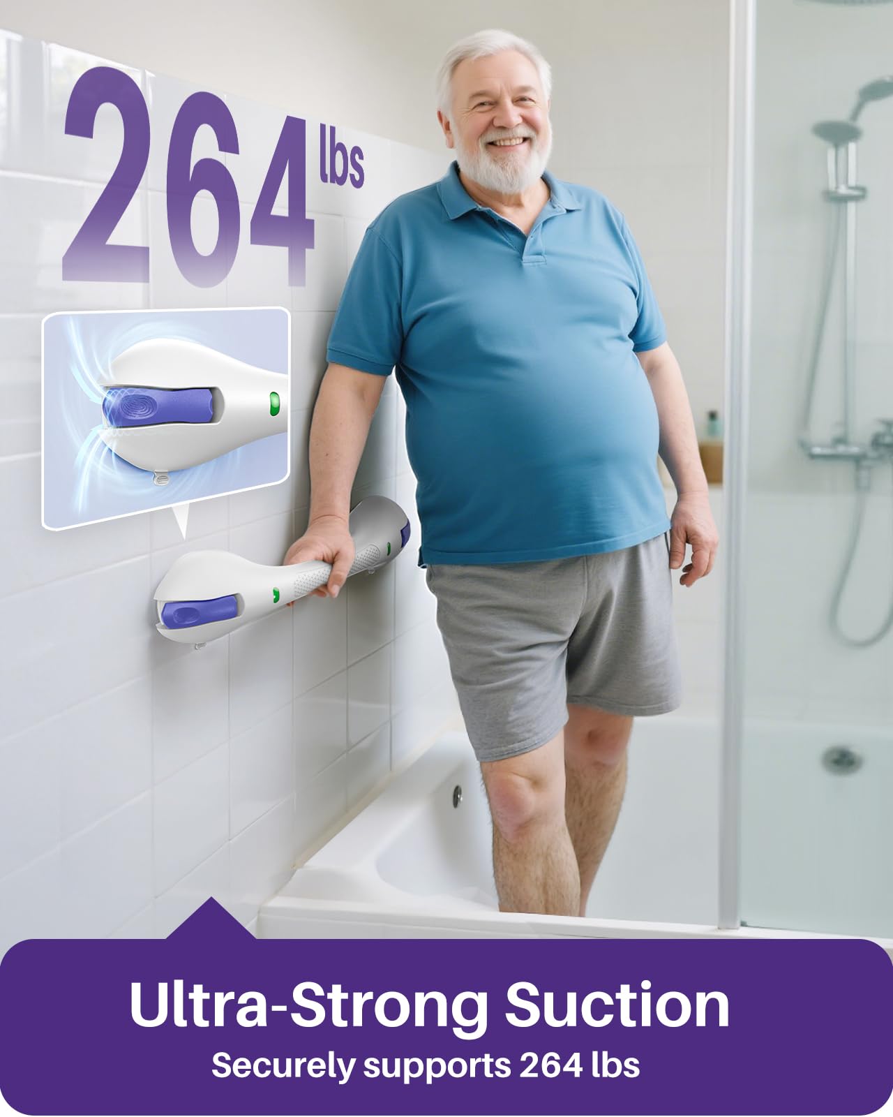 KEKOY 17.5 Inch Suction Grab Bars for Bathtubs and Showers with Indicator - Heavy Duty Safety Shower Handle for Seniors and Elderly, Handicap Bars for Bathroom, No Drilling and Removable, Purple