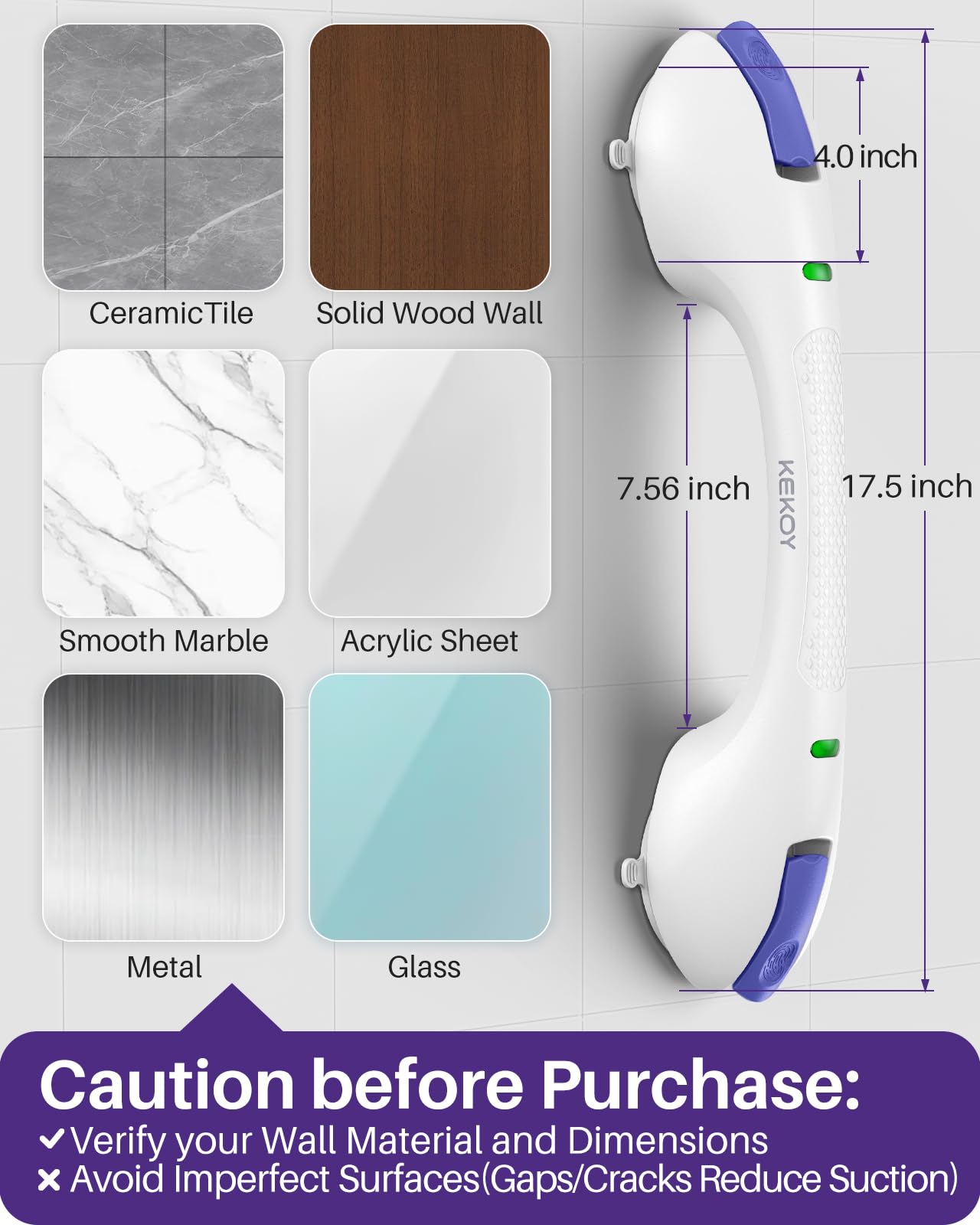 KEKOY 17.5 Inch Suction Grab Bars for Bathtubs and Showers with Indicator - Heavy Duty Safety Shower Handle for Seniors and Elderly, Handicap Bars for Bathroom, No Drilling and Removable, Purple