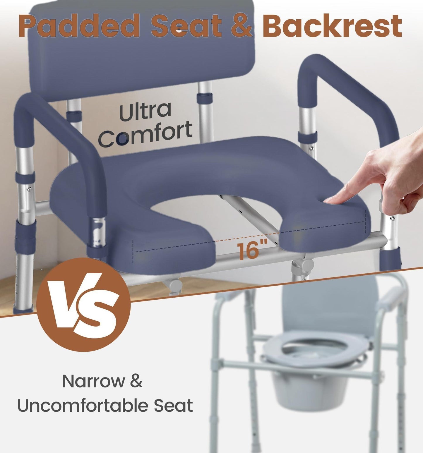KEKOY Bedside Commode Chair with Padded Seat and Backrest, Aluminum Dual-Crossbar, Height Adjustable, Portable Toilet for Seniors and Adults, Potty Bucket and Splash Guard, 400 lbs Weight Capacity