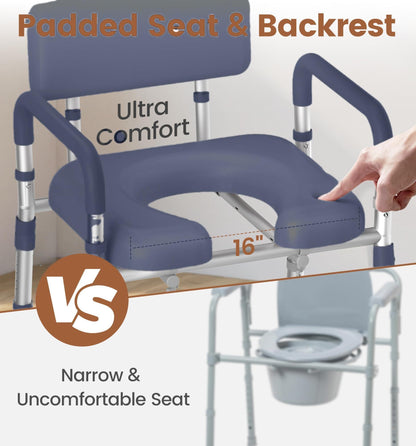 KEKOY Bedside Commode Chair with Padded Seat and Backrest, Aluminum Dual-Crossbar, Height Adjustable, Portable Toilet for Seniors and Adults, Potty Bucket and Splash Guard, 400 lbs Weight Capacity