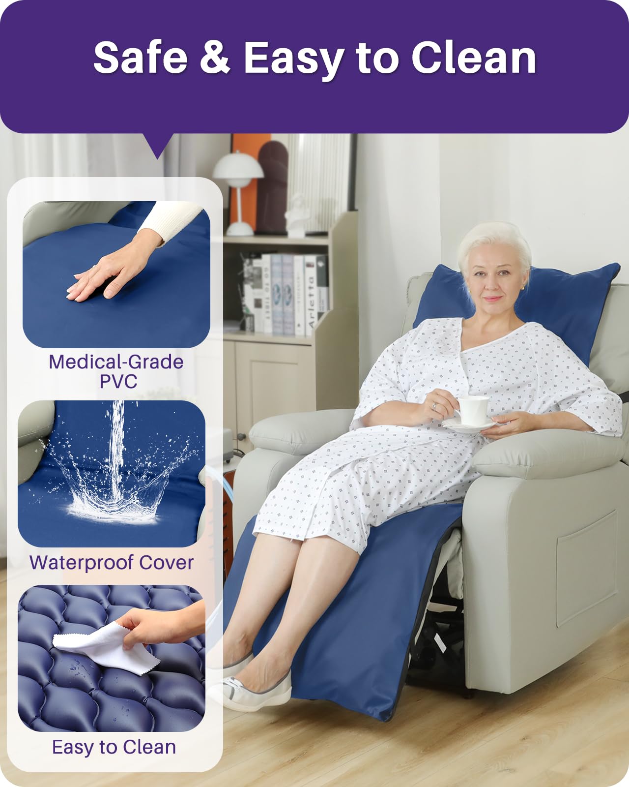 Kekoy Alternating Air Pressure Pad for Recliner Chair, Upgraded Anti-Slip Base, Pressure Relief Cushion & Bedsore Prevention for Elderly, Quiet Pump, Waterproof Cover for Home Hospital