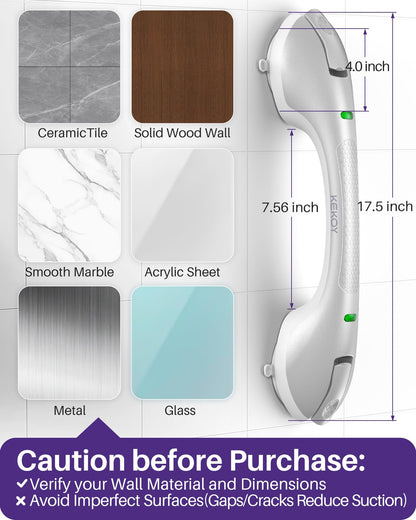 KEKOY 17.5 Inch Suction Grab Bars for Bathtubs and Showers with Indicator - Heavy Duty Safety Shower Handle for Seniors and Elderly, Handicap Bars for Bathroom, No Drilling and Removable, Silver