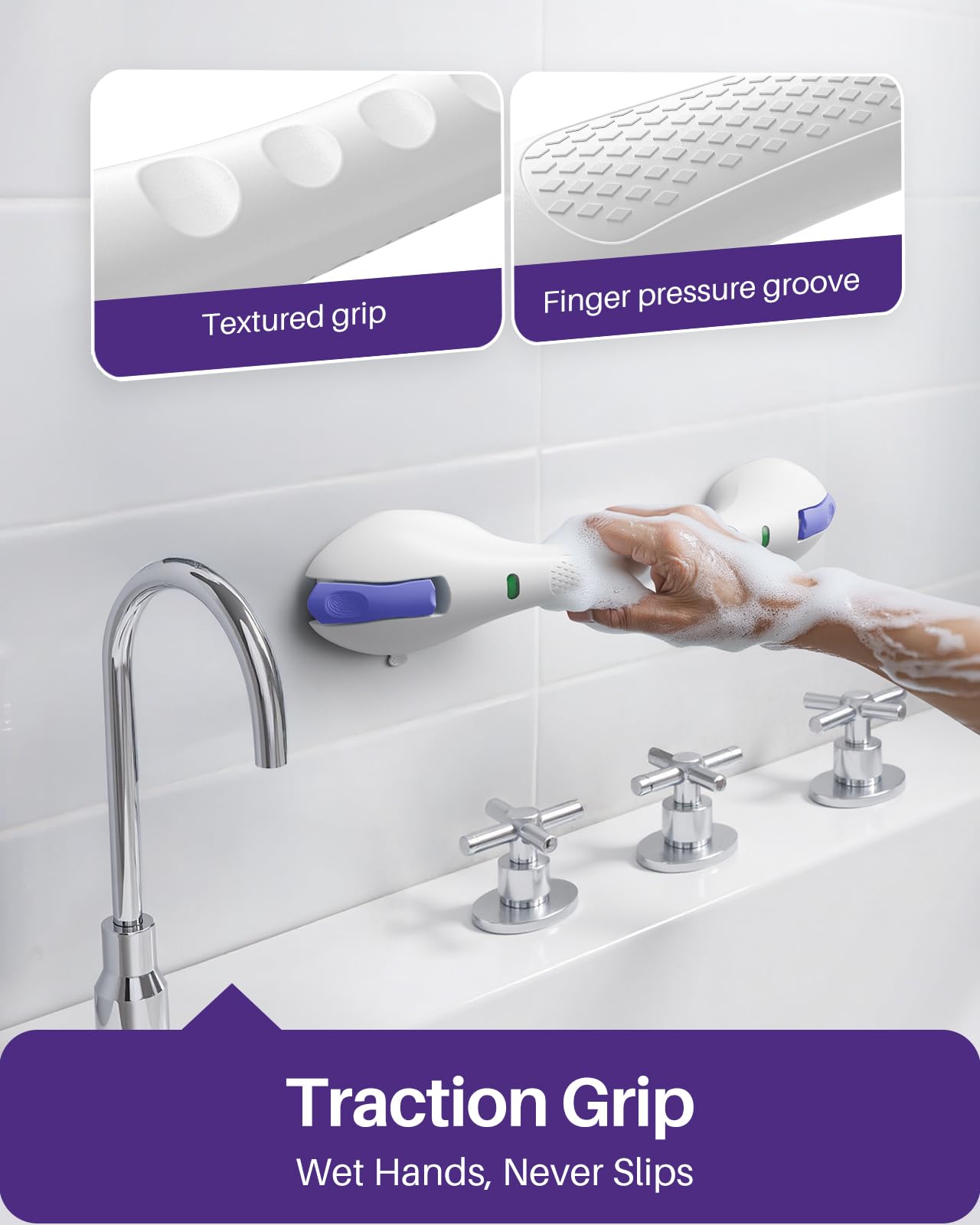 KEKOY 17.5 Inch Suction Grab Bars for Bathtubs and Showers with Indicator - Heavy Duty Safety Shower Handle for Seniors and Elderly, Handicap Bars for Bathroom, No Drilling and Removable, Purple