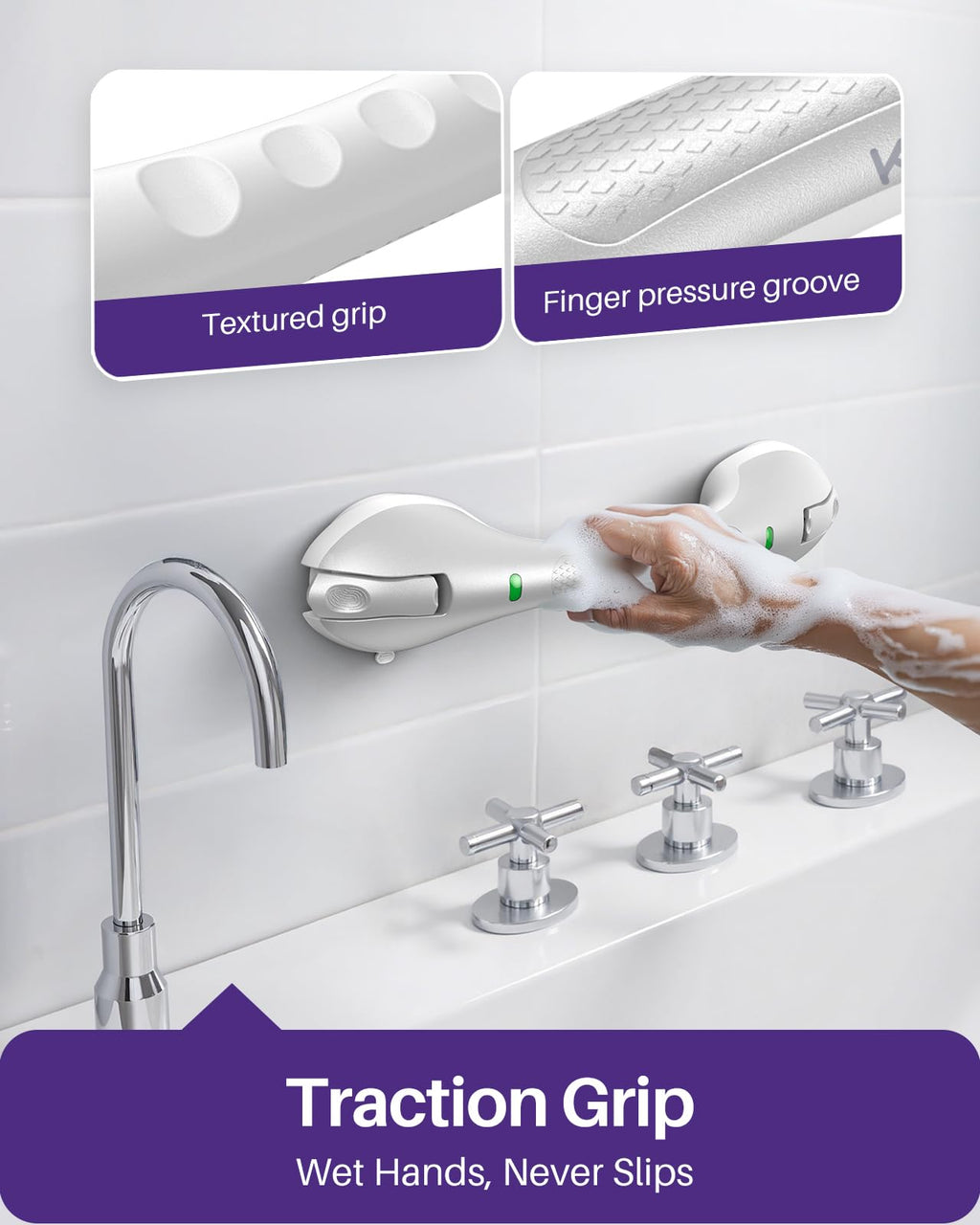 KEKOY 17.5 Inch Suction Grab Bars for Bathtubs and Showers with Indicator - Heavy Duty Safety Shower Handle for Seniors and Elderly, Handicap Bars for Bathroom, No Drilling and Removable, Silver