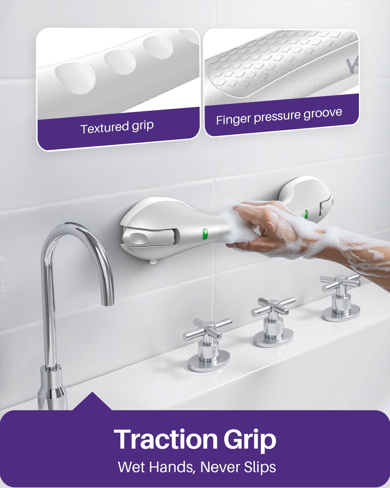 KEKOY 17.5 Inch Suction Grab Bars for Bathtubs and Showers with Indicator - Heavy Duty Safety Shower Handle for Seniors and Elderly, Handicap Bars for Bathroom, No Drilling and Removable, Silver