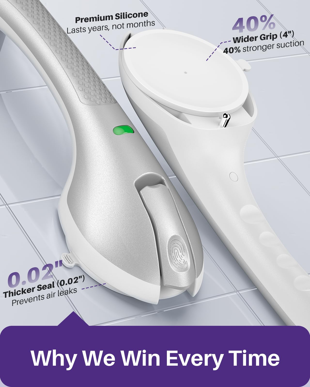 KEKOY 17.5 Inch Suction Grab Bars for Bathtubs and Showers with Indicator - Heavy Duty Safety Shower Handle for Seniors and Elderly, Handicap Bars for Bathroom, No Drilling and Removable, Silver