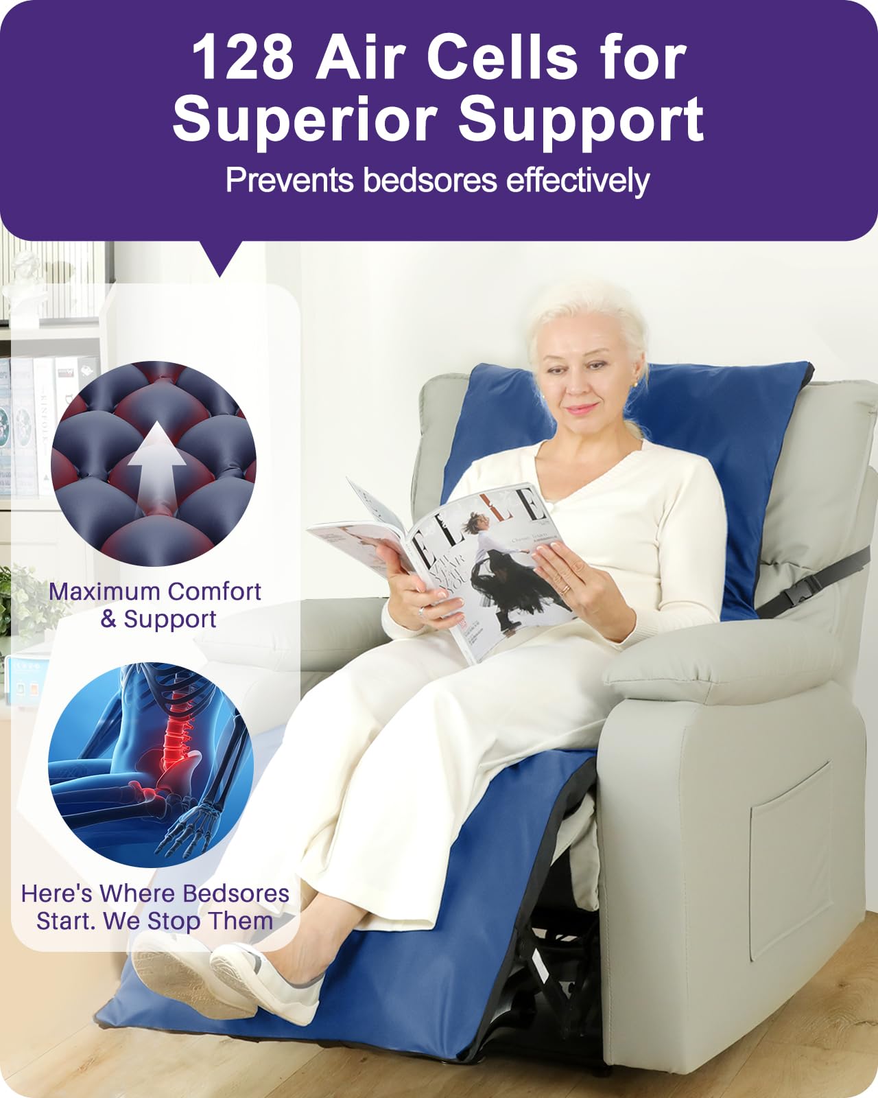 Kekoy Alternating Air Pressure Pad for Recliner Chair, Upgraded Anti-Slip Base, Pressure Relief Cushion & Bedsore Prevention for Elderly, Quiet Pump, Waterproof Cover for Home Hospital