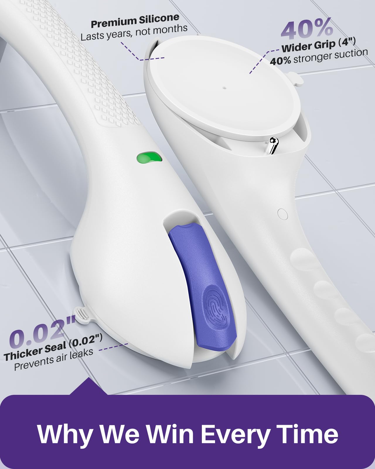 KEKOY 17.5 Inch Suction Grab Bars for Bathtubs and Showers with Indicator - Heavy Duty Safety Shower Handle for Seniors and Elderly, Handicap Bars for Bathroom, No Drilling and Removable, Purple