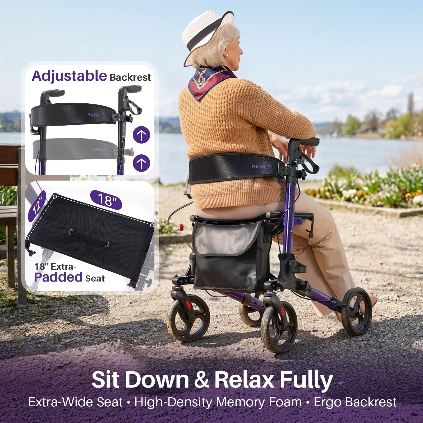 kekoy 931A rollator walker adjustable backrest and a 18-inch extra padded seat.